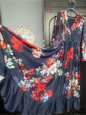 Navy Floral V-Neck Maxi Dress with Red & Coral Blooms